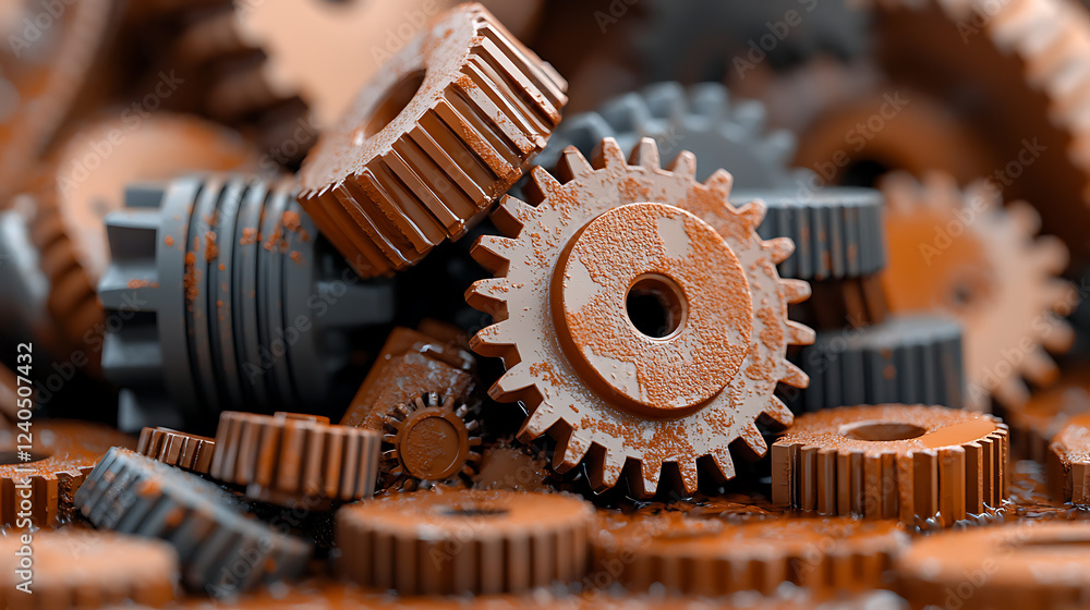 Poster industrial gears stacked in abandoned factory close-up photography rusty environment macro viewpoint