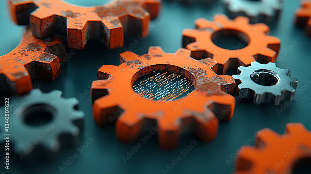 Poster mechanical gears integrating digital code workshop setting 3d render industrial environment close-up