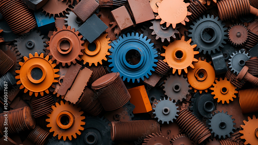Poster intricate mechanical gears and components workshop industrial elements indoor setting top view innov
