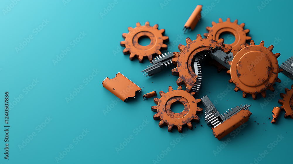 Poster crumbling mechanical gears workshop environment digital art industrial setting close-up view failing