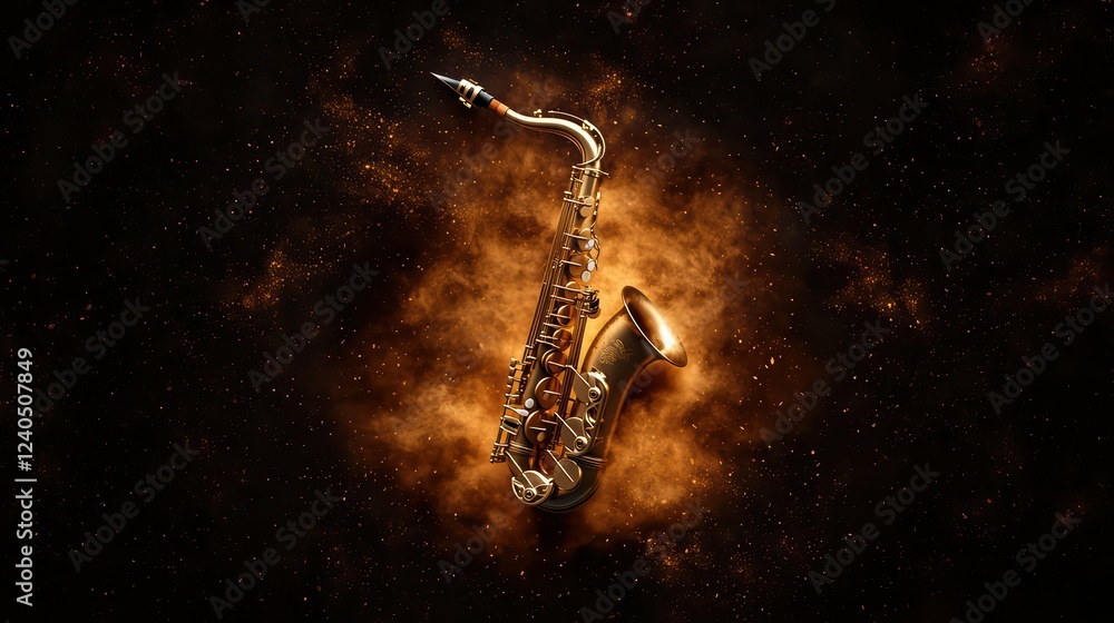 Poster golden saxophone floating in space with colorful abstract effects