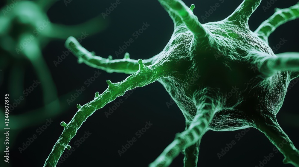 Poster close-up image of green neural cells on dark background