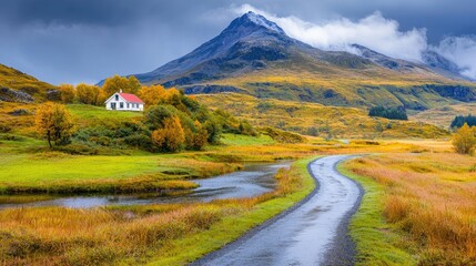 Autumnal road winding to a house near mountain