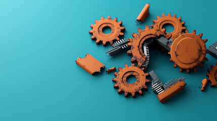 Crumbling mechanical gears workshop environment digital art industrial setting close-up view failing code structures illustrated through rust and wear