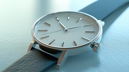 A modern stainless steel watch on a clean, smooth surface with soft natural lighting.