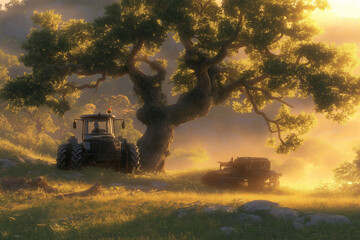 Fototapeta premium Golden Hour on the Farm: Tractor and Ancient Oak
