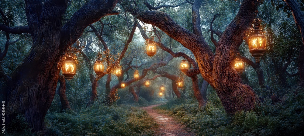 Poster enchanted forest pathway illuminated by lanterns at dusk surrounded by ancient trees and lush greene