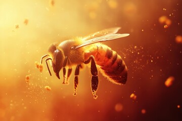 Fototapeta premium Honey bee in golden sunlight with pollen particles