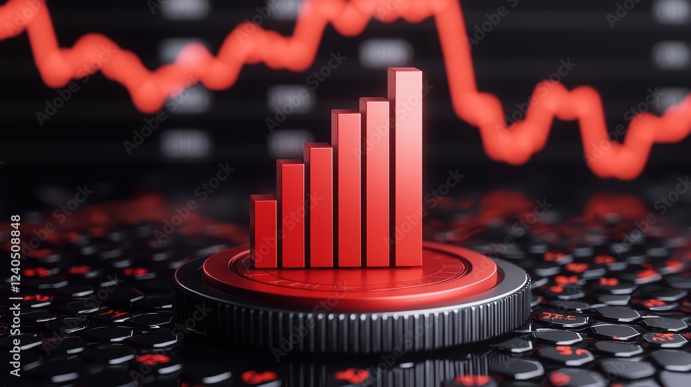 Poster red bar graph and declining chart trends in stock market setup