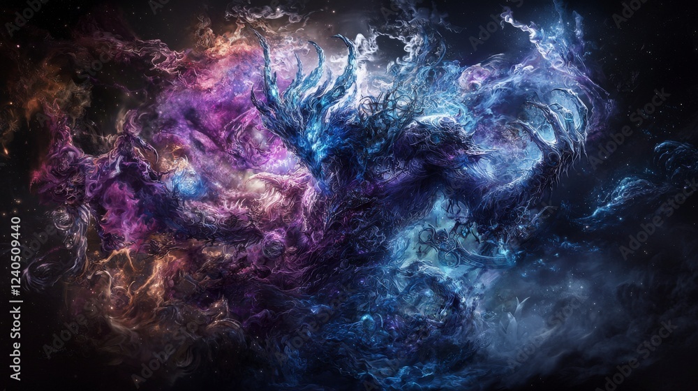 Poster celestial warrior's epic battle in a multiverse realm of cosmic wonders digital artwork abstract dyn