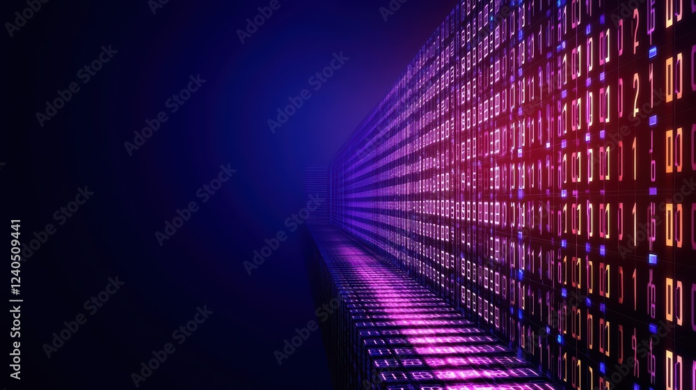 Poster futuristic digital matrix with glowing binary code on dark background