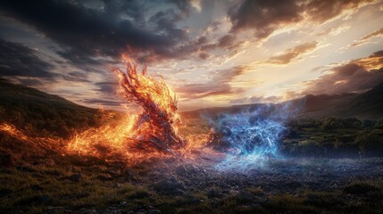 Fototapeta premium Celestial warrior engages in fierce battle against elemental forces fantasy landscape digital artwork dramatic viewpoint