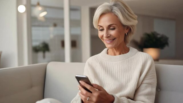 A smiling woman is comfortably ensconced on the couch, buried in her smartphone, demonstrating a relaxed and modern lifestyle in a natural room.