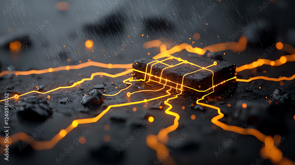 Poster dynamic glowing circuit lines forming intricate patterns on a textured surface in a dark environment