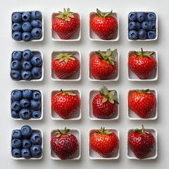 Dopamine foods nutrition stress relief. Brain health endorphins. Fresh strawberries and blueberries arranged in a grid pattern.