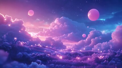 A Dreamy Landscape with Pink Moons and a Field of Purple Flowers