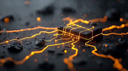 Fototapeta premium Dynamic glowing circuit lines forming intricate patterns on a textured surface in a dark environment captured from a close-up view for creative design inspiration