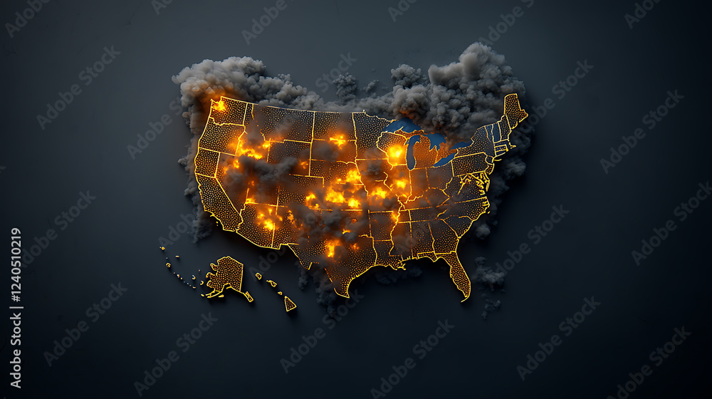 Poster illuminated map of the united states displaying regional distribution of data digital art urban envi