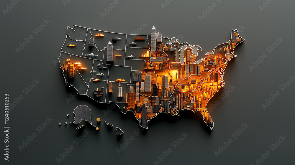 Poster glowing map of the us illustrating regional distribution of urban development digital visualization 