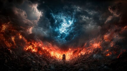 Fototapeta premium Celestial warrior confronts chaos on a fiery battlefield epic fantasy scene dramatic environment heroic viewpoint