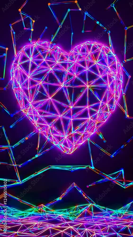 Poster a wireframe heart shape merging with geometric data flow and neon pulses, symbolizing cutting-edge t