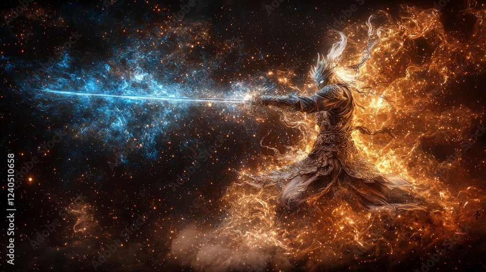 Poster celestial warrior training with cosmic power heavens digital art fantasy space dynamic perspective m