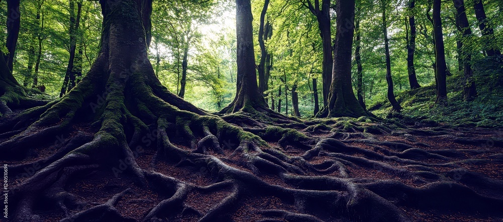 Aufkleber majestic forest scene with expansive tree roots under a shady canopy of green leaves and dappled lig