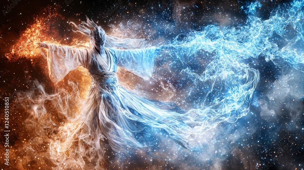 Poster celestial warrior training in the heavens fantasy art ethereal sky dynamic action mythical concept