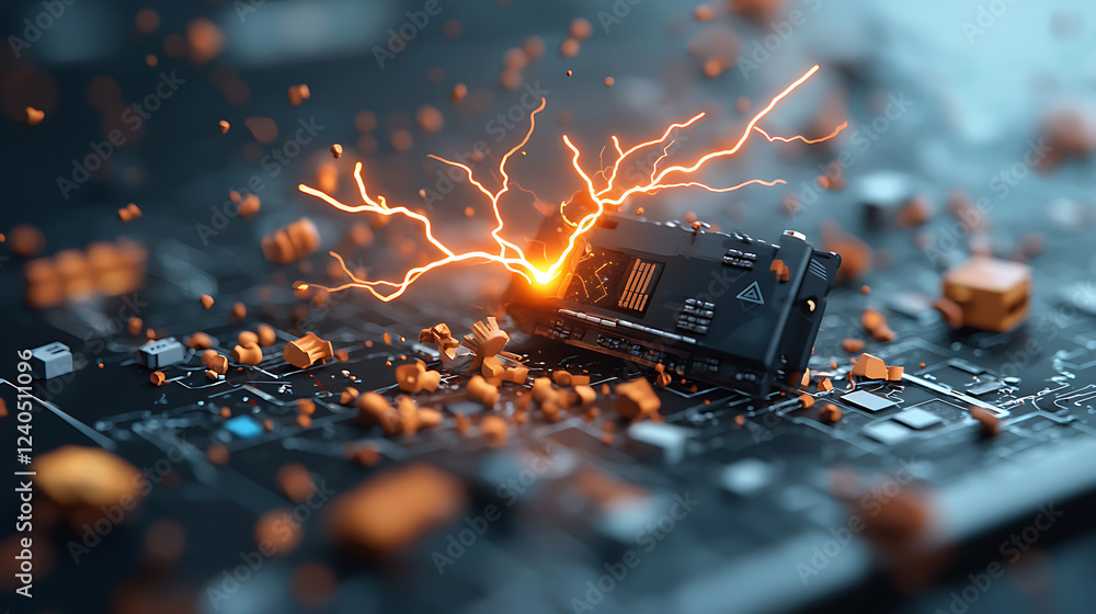 Poster high-tech lightning bolts igniting a futuristic circuit board digital art close-up view sci-fi conce