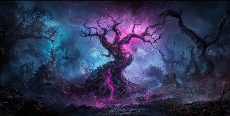 Celestial warrior's journey through a forgotten land enchanted forest fantasy art dark atmosphere epic quest