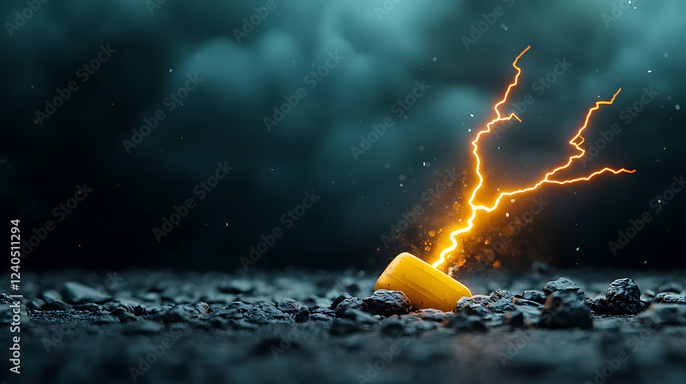 Poster dynamic lightning bolts igniting a futuristic yellow object dark environment visual art close-up vie