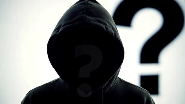 Suspicious man. Silhouette of criminal. Stalker or anonymous stranger. Gang crime, teenage gangster or thief. Face hidden in shadow wearing hoodie. Scary figure at night. Grunge background. Question m