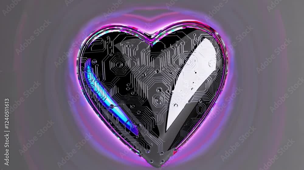 Poster a sleek metallic heart form embedded with circuit board patterns and dynamic light reflections, surr