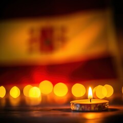 Candlelight Reflection on Spanish Flag, Warm Glow, Intimate Atmosphere, Symbol of Remembrance and Celebration, copy space for text