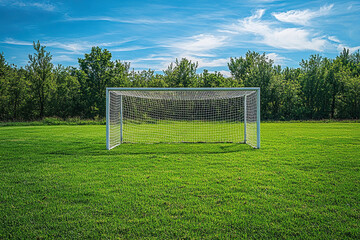 Fototapeta premium Football goal in a field against blue sky with clouds in the countryside. Generated by artificial intelligence