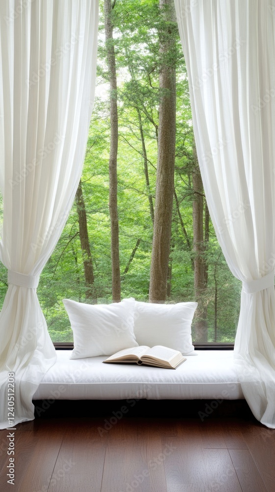 Poster a cozy reading space features an open book and a soft lamp, with sunlight pouring in through a windo
