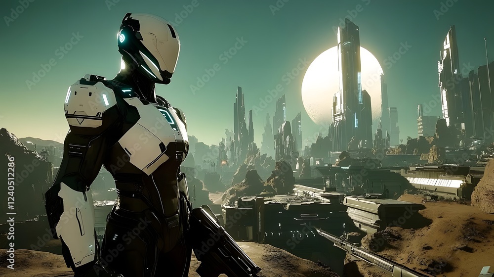 Poster futuristic humanoid robot standing on a desolate alien landscape with towering structures and a larg