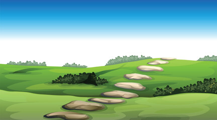 Alpine meadows and beautiful mountains, forests and lakes, vector illustration. Panoramic landscape of green fields, amazing mountains on a clear day with gentle clouds in the blue sky.