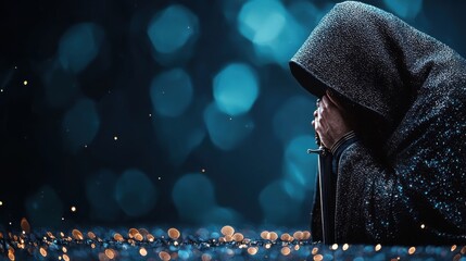 Mysterious figure holding blade dark environment realistic photography emotional depth close-up branding strategy