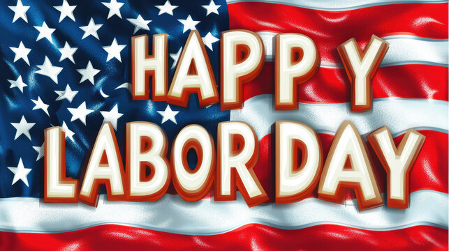 Happy Labor Day celebration with American flag background, featuring bold text