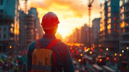 Obraz premium Engineer sunset city construction site progress