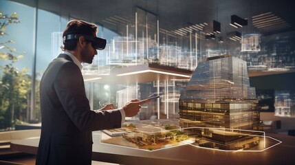 Virtual Reality: A professional using virtual reality for architectural design, interacting with 3D models of buildings and landscapes in a virtual workspace
