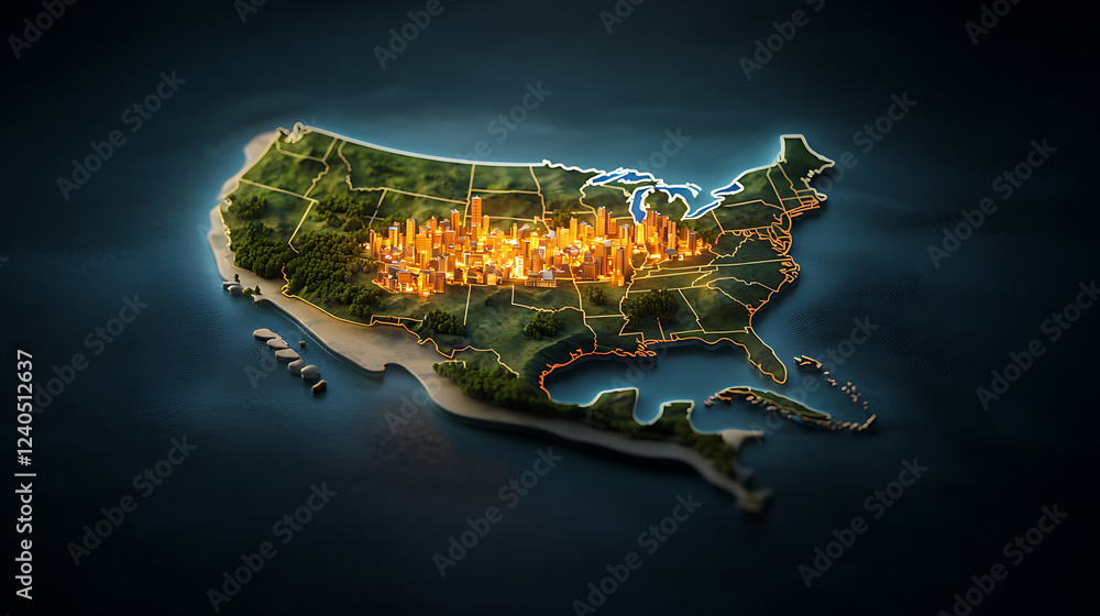 Poster illuminated us map highlighting key regions united states graphic visualization dark background aeri