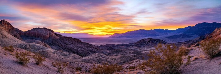 Obraz premium Majestic Sunset Over Desert Landscape with Dramatic Mountains and Vibrant Sky Illuminating the Horizon in a Panoramic View of Nature's Beauty