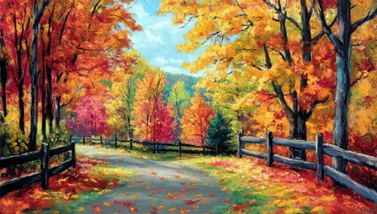 Obraz premium Vibrant Autumn Landscape Featuring Colorful Foliage Along a Serene Pathway with Wooden Fence and Scenic Nature Background