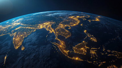 Earth view from space showcasing city lights in Asia, highlighting urban areas and coastlines, creating stunning visual of human activity at night