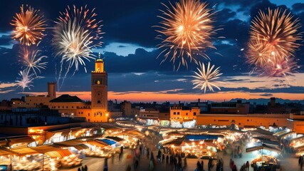 Festive market scene with fireworks over a vibrant city at dusk