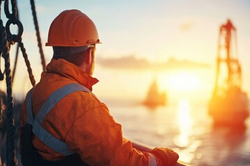 Worker observing ocean sunset on offshore oil rig