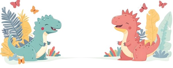 Obraz premium Two cheerful cartoon dinosaurs smiling and interacting in a colorful jungle setting with butterflies