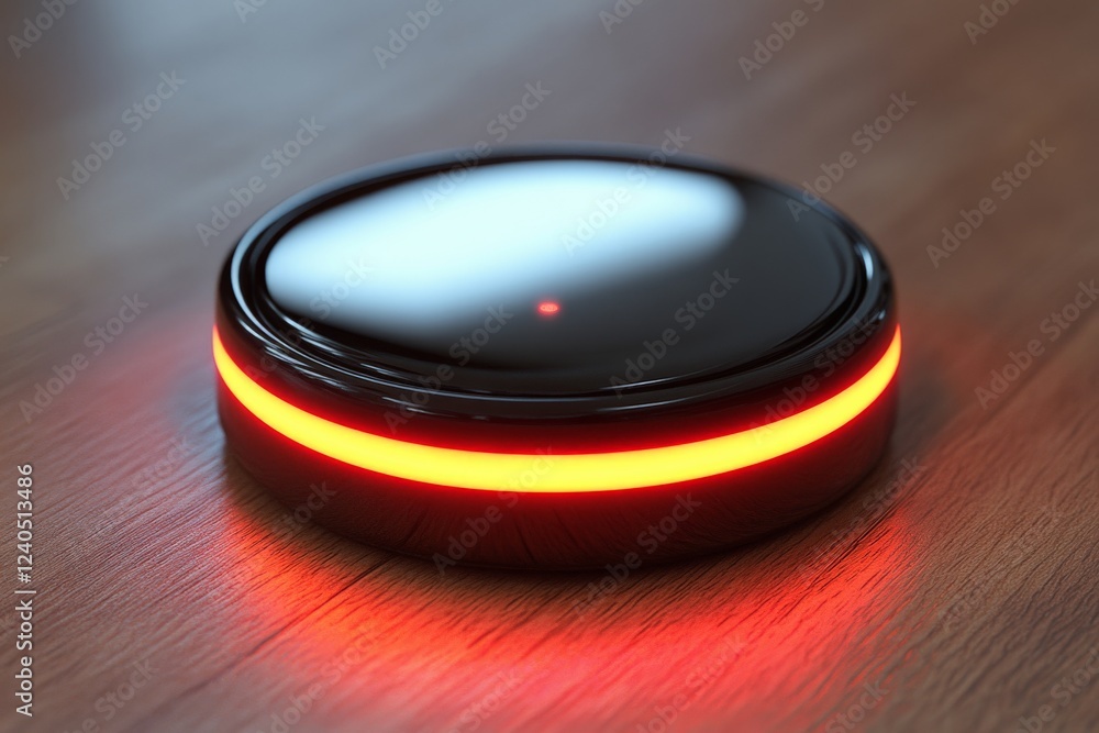 Poster Modern circular device with red light on wooden surface during evening indoor setting